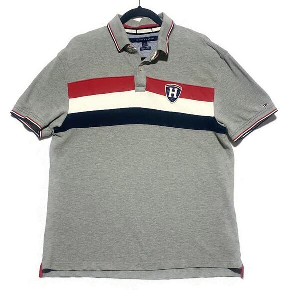 Tommy Hilfiger Classic Fit Polo Shirt Men's Large Light Gray w/Blue Red White - Picture 1 of 7